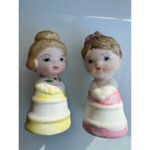 Vintage Pair UCGC 2 Girls Figural Ceramic Bisque Thimbles